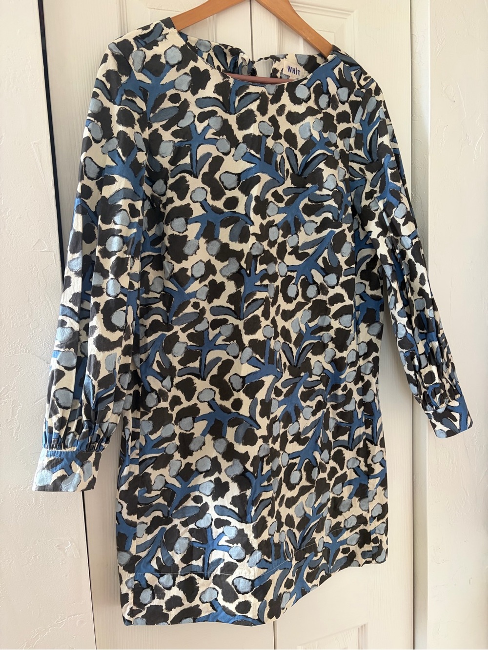 Anthropologie WHIT Mira Blue & Black Floral Print Long-Sleeve Babydoll Dress,M,